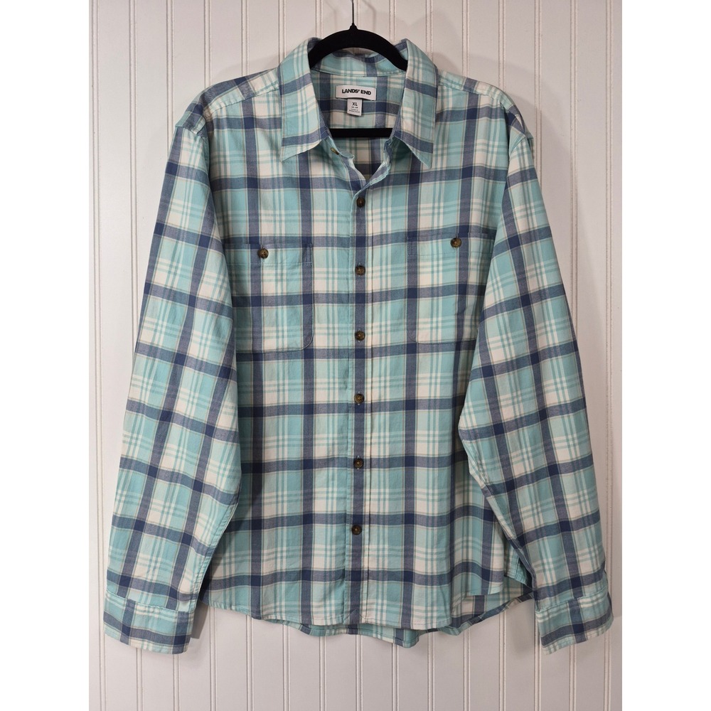 Lands End Womens XL Aqua Blue Plaid Cotton Blend Button Down Shirt Long Sleeve